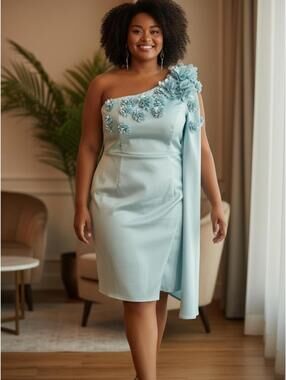 Fehaute Light Blue One Shoulder Floral Appliqué Dress XL NWT